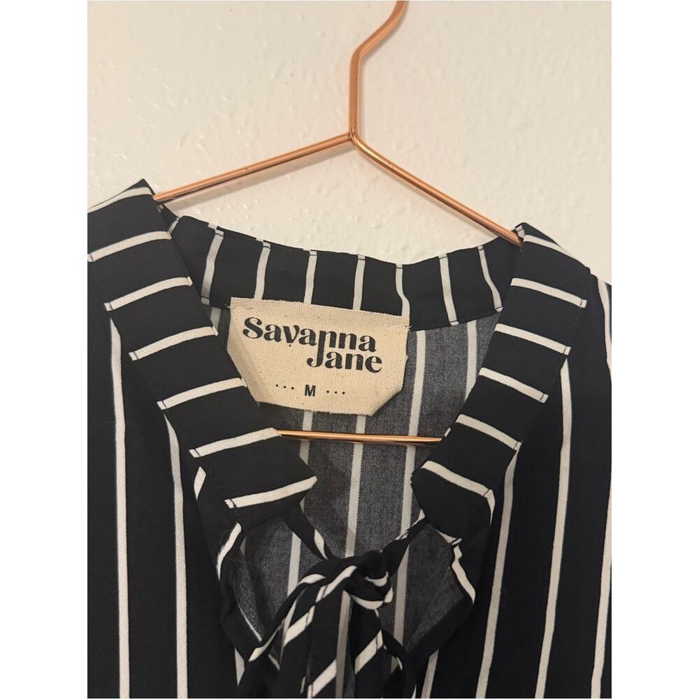 Savanna Jane Black & White Striped Tiered Tie-Neck Tunic - Picture 2 of 6